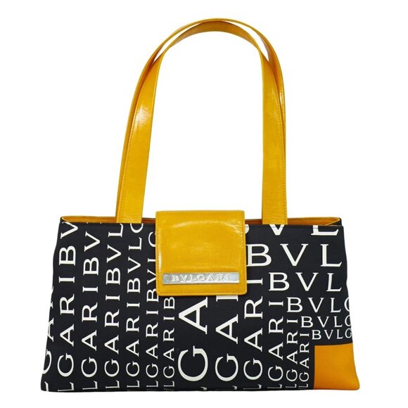 BVLGARI Logo Mania Canvas Leather Shoulder Tote Bag Black Orange Silver